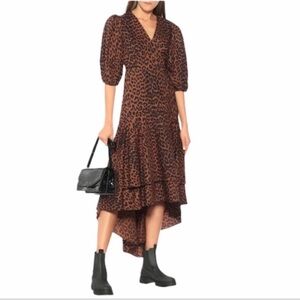 Ganni Brown and Black Leopard Print Midi Dress
